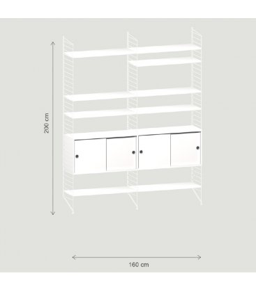 Estantería STRING de 2 módulos con 2 cabinets en blanco y paneles blancos.