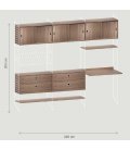 Estantería STRING de 3 módulos con 3 cabinets y 2 cajoneras en nogal con paneles blancos.