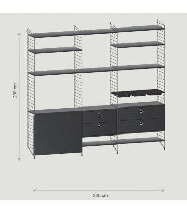Estantería STRING de 3 módulos con 1 mesa plegable y 2 cajoneras en negro.