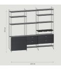 Estantería STRING de 3 módulos con 1 mesa plegable y 2 cajoneras en negro.