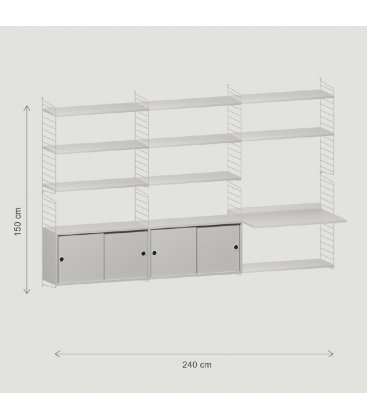 Estantería STRING suspendida con 3 módulos y 2 cabinets en gris.
