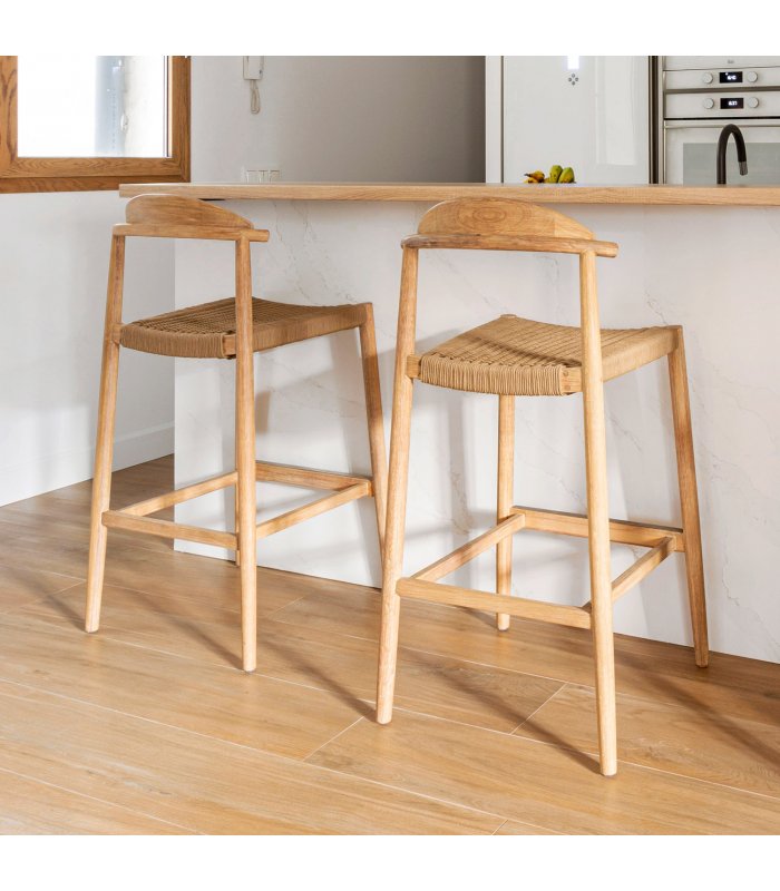 Taburete de madera de eucalipto con asiento de cuerda trenzada LINI 62 cm