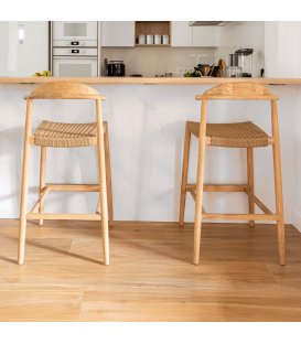 Taburete de madera de eucalipto con asiento de cuerda trenzada LINI 62 cm