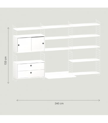 Estantería STRING suspendida de 3 módulos con 1 cabinet, 1 cajonera y 1 escritorio en blanco.