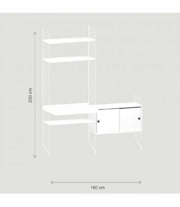 Estantería STRING de 2 módulos con 1 escritorio y 1 cabinet en blanco.