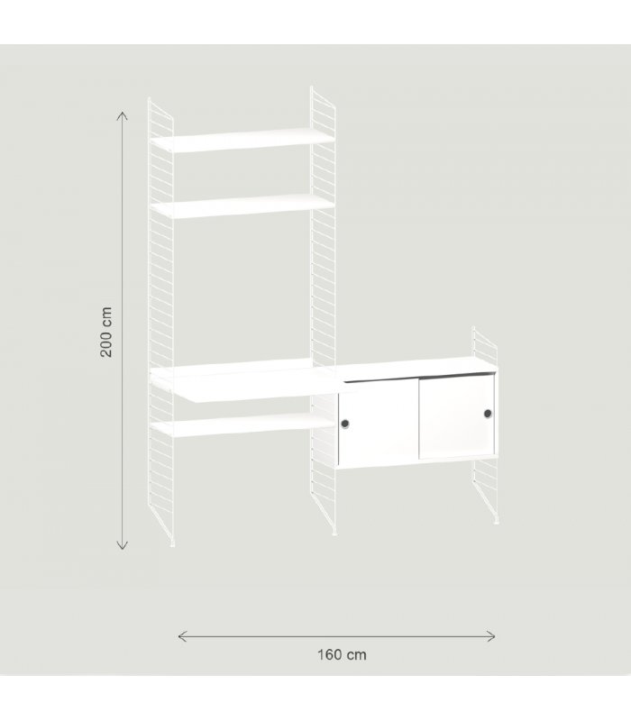 Estantería STRING de 1 módulo con 1 escritorio y 1 cabinet en blanco.