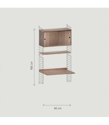 Estantería STRING suspendida de 1 módulo con 1 cabinet y 1 escritorio en nogal y negro.