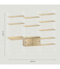 Estantería STRING de 3 módulos con 1 cabinet y 1 escritorio en roble con paneles blancos.