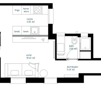 De las distribuciones que planteamos, ésta fue la que más le gustó al propietario. Conseguíamos una cocina integrada pero discreta, una zona de estar y otra de comedor, así como un baño grande y funcional.