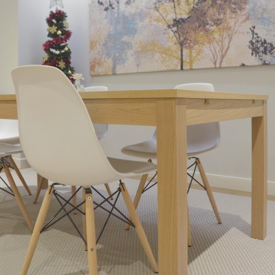 Aunque por comodidad de los clientes, gran parte del mobiliario es de la firma sueca Ikea, incorporamos algunas piezas de diseño reconocible para aportar personalidad a la estancia. Destacan las sillas DSW combinadas con los sillones DAW, ambas piezas de los Eames.