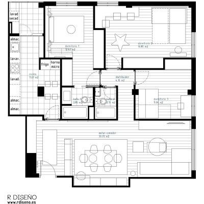 Con la nueva distribución se ganó espacio para la cocina y se consiguió un dormitorio principal con baño en suite.