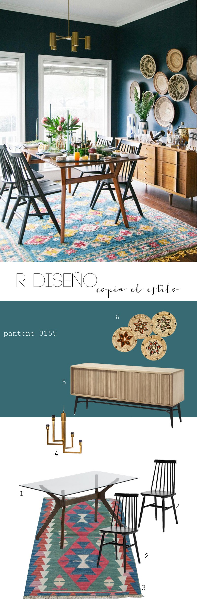 R de Room INTERIORISMO. Copia el estilo: comedor boho. Combinación de piezas mid century con alfombra kilim y objetos de artesanía.