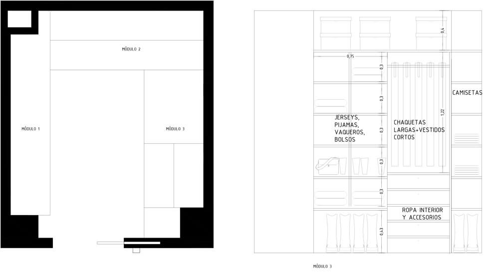 Diseñar bien un armario. Consejos para planificar interiores de armarios y vestidores. Tabla de ropa.