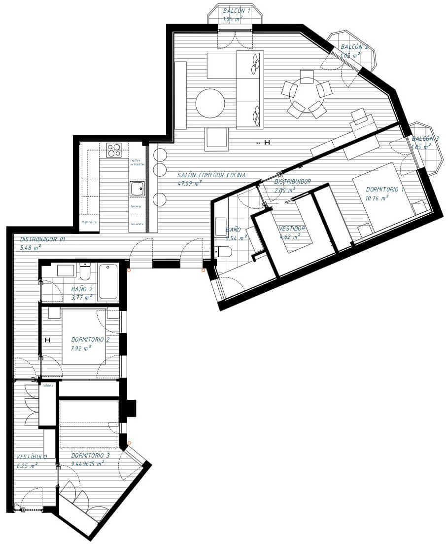 Estado reformado y cambio de distribución de vivienda en Chamberí. Actualizamos las superficies para que sean funciones y adaptadas al estilo de vida de sus ocupantes.