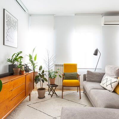 Estar-comedor. Interiorismo mid-century. Proyecto de R de Room.